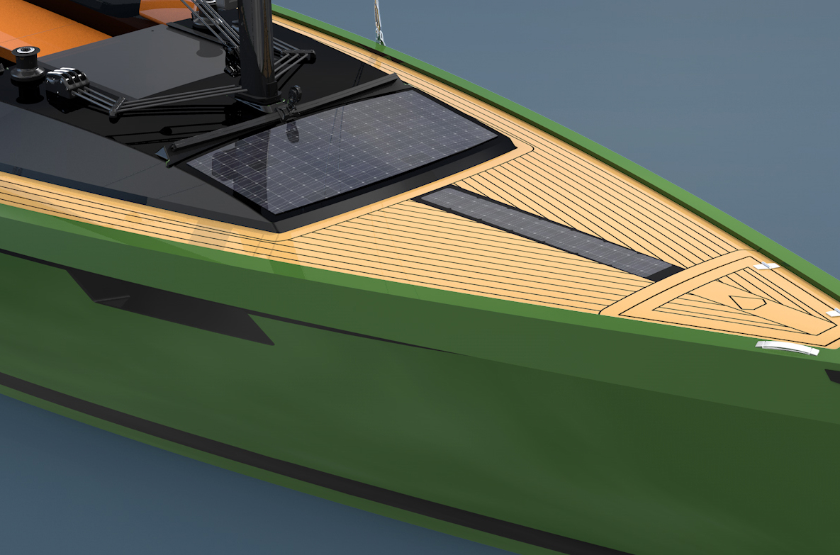 The solar pannnels of the daysailer which charge the battery pack of the electric powered vessel. Including its pannnels which charge the battery pack of the electric powered sailingyacht.