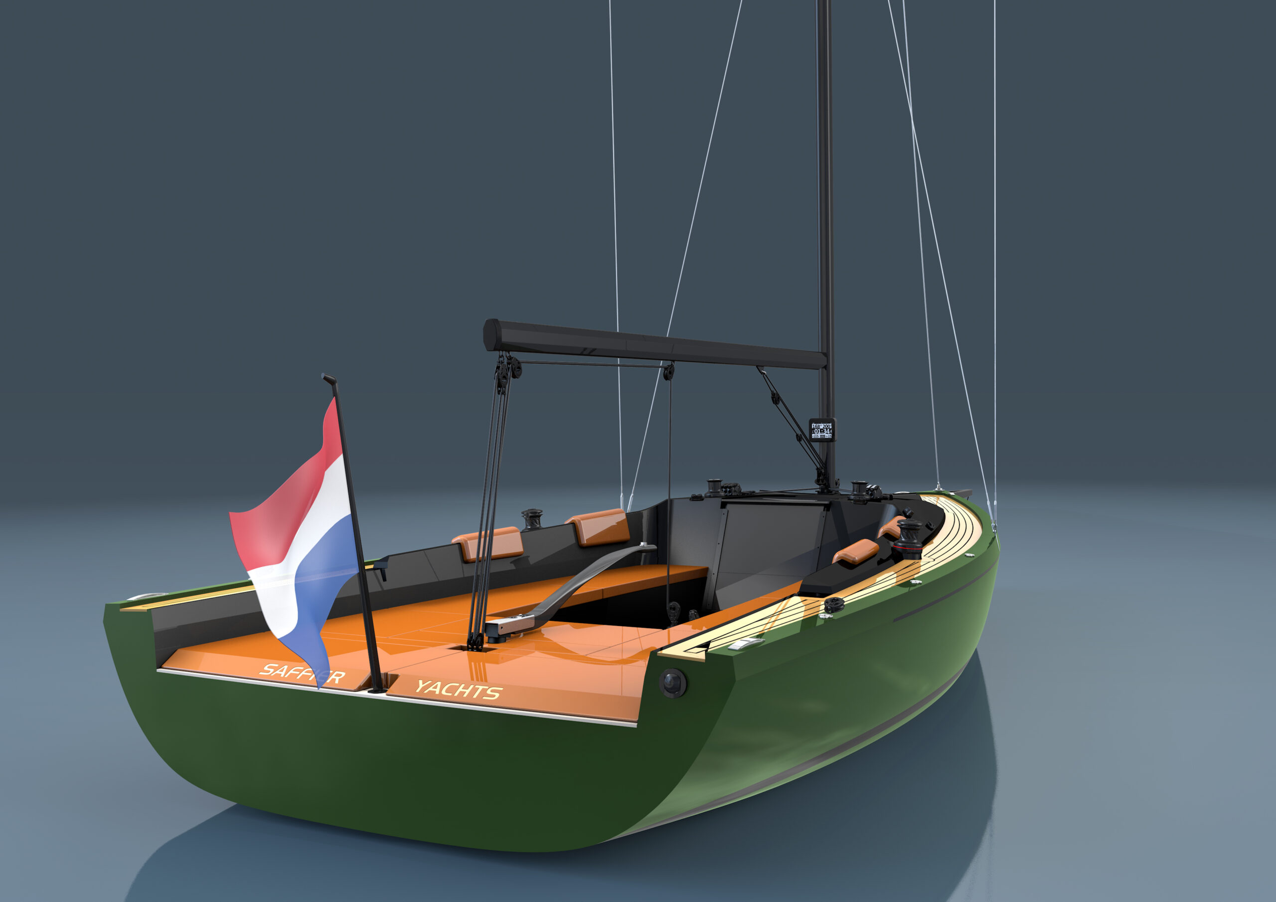 The Saffier SE 24 Lite daysailer. Stern, cockpit and midship of the sailing yacht and sailing boat. Singlehanded daysailer with a polyester hull.